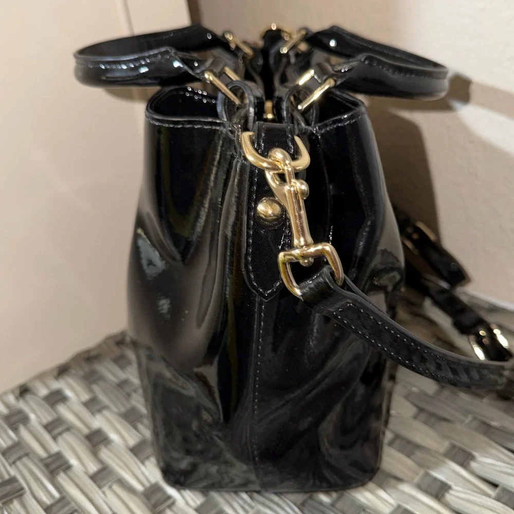 Dooney & Bourke Black Patent Leather Shoulder/Crossbody Satchel with Blue Lining - Picture 12 of 16